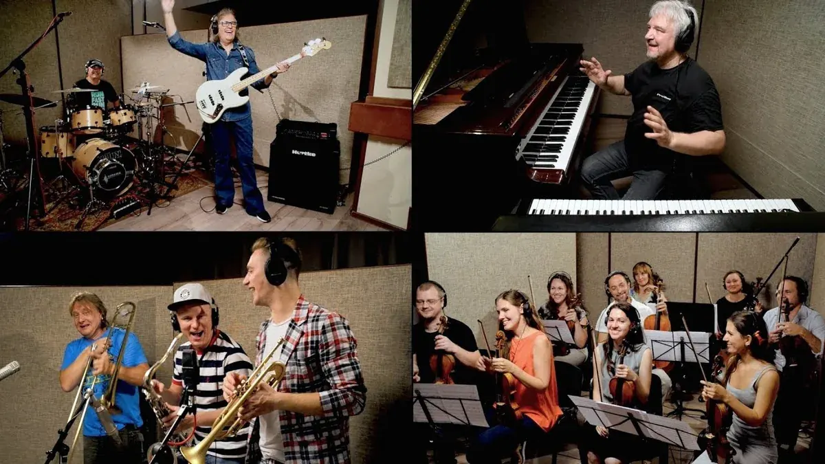 Leonid & Friends recording their studio cover of September by Earth, Wind & Fire in Moscow, with horns and strings