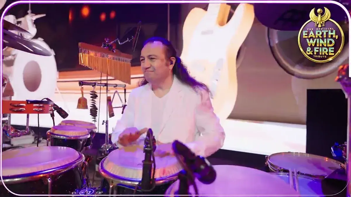 The Chicago Funk, Dutch Earth, Wind & Fire tribute band, percussionist on stage in the 2026 promo