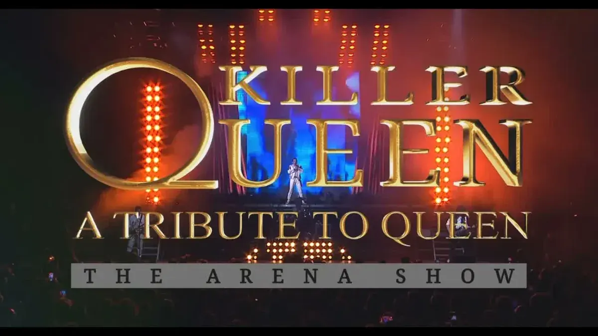 Killer Queen, the UK Queen tribute with Patrick Myers as Freddie Mercury, arena show stage and logo