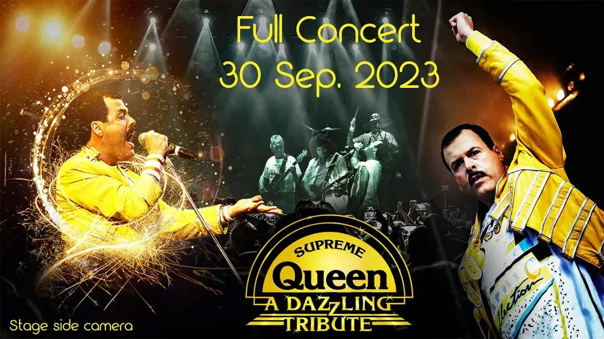 Supreme Queen, the UK Queen tribute, full concert poster with singer Scott Maley in a yellow jacket